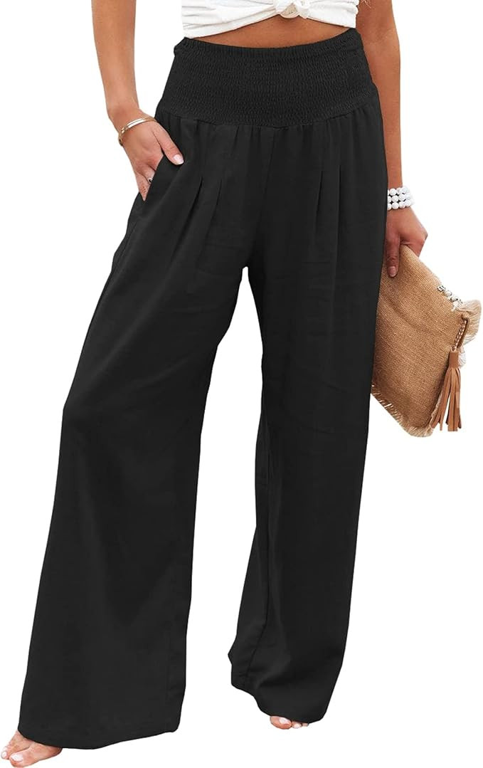 Women Linen Pants Elastic High Waist Wide Leg Palazzo Lounge Pants Casual Loose Beach Pants with ... | Amazon (US)