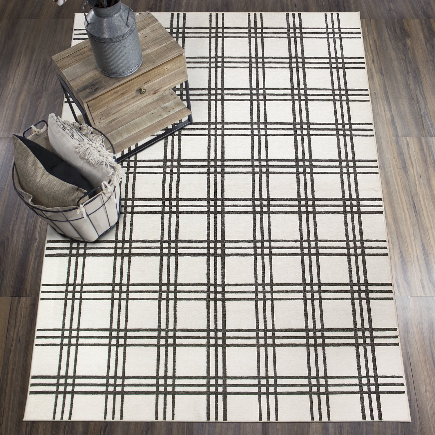 My Magic Carpet Machine Washable Area Rug Plaid Black And Cream 5X7 | Walmart (US)