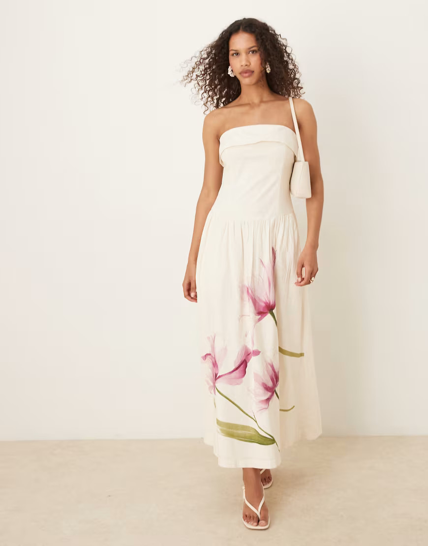 Abercrombie & Fitch strapless dropped waist midi dress in cream floral-White | ASOS (Global)