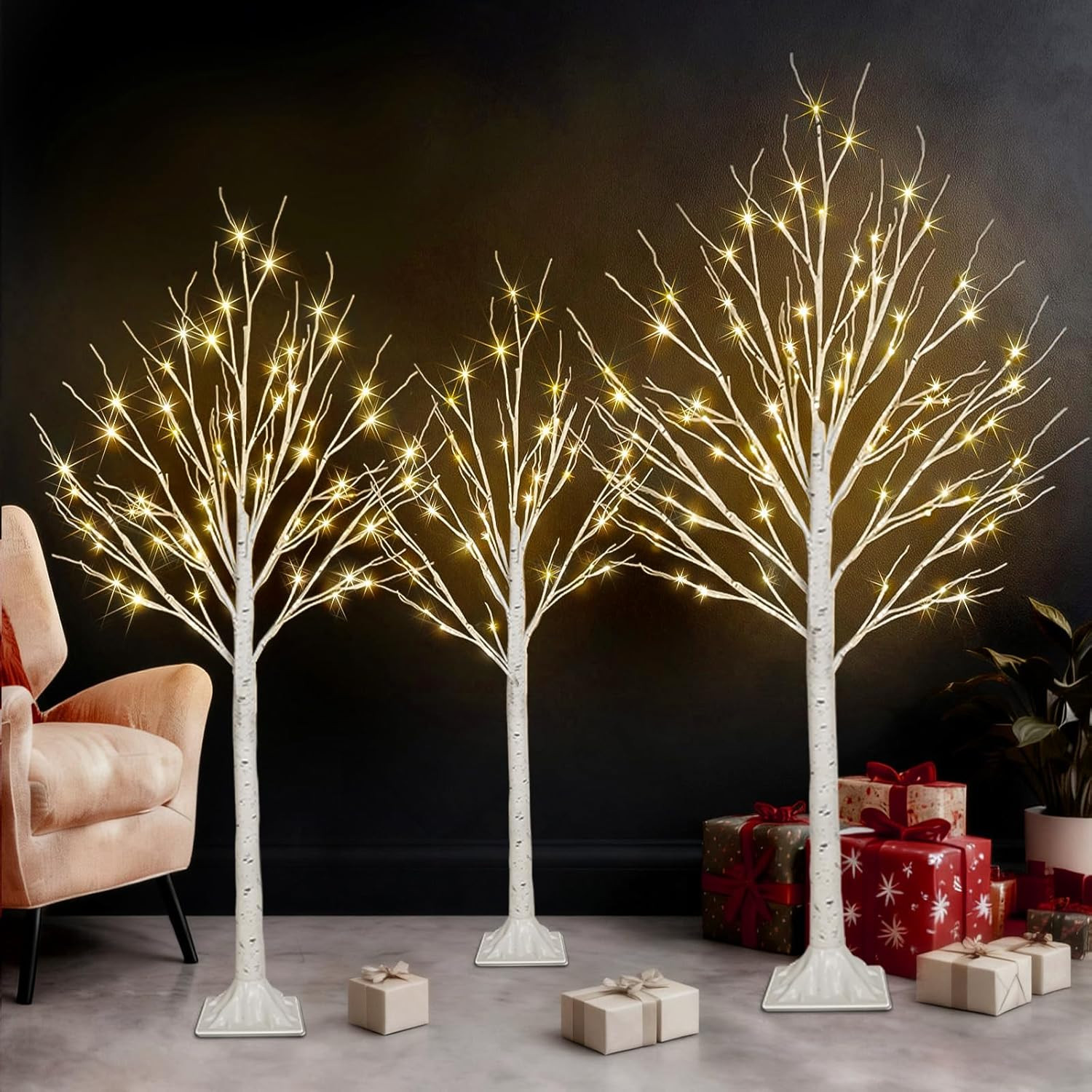 Set of 3 Lighted Birch Tree 4FT 5FT and 6FT, Higher Size, Timer Function Birch Christmas Tree wit... | Amazon (US)