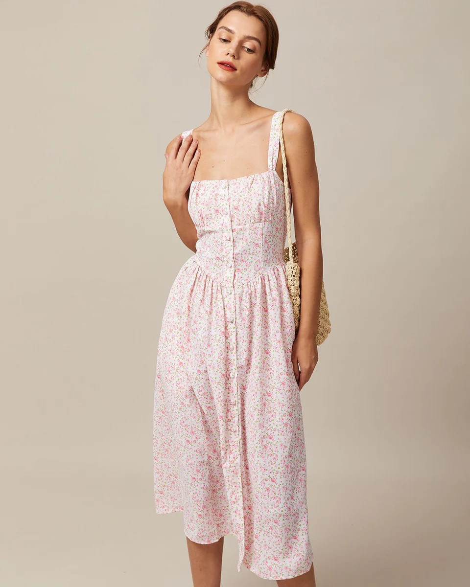 The Pink Square Neck Pleated Floral Midi Dress - Pink Square Neck Sleeveless A Line Floral Dress ... | rihoas.com