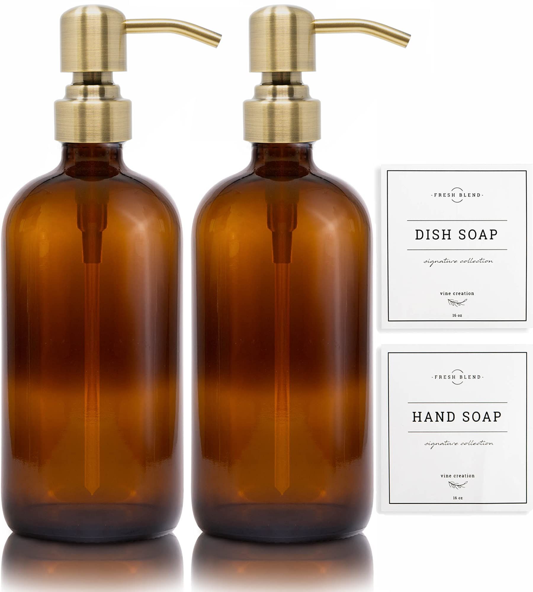 Vine Creations Amber Glass Soap Dispenser 2 Pack, Thick 16oz Bottles Rustproof Stainless Steel Pump, | Amazon (US)