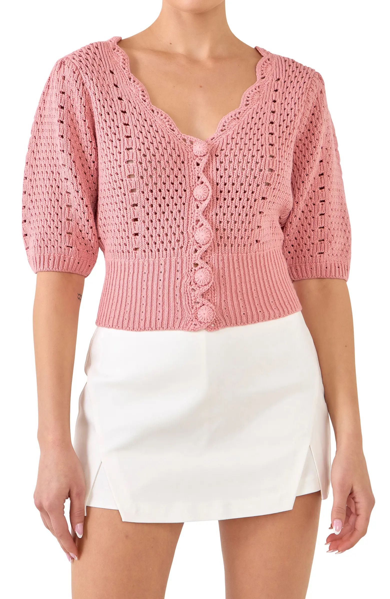 English Factory Open Knit Crop Cotton Blend Cardigan | Nordstrom | Nordstrom