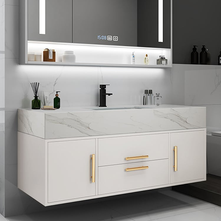 Modern 39" White Floating Bathroom Vanity Set Stone Top Wall Mounted Bathroom Cabinet | Homary | Homary