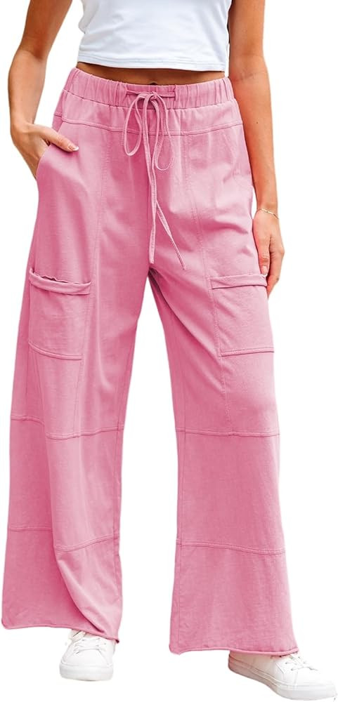 MARZXIN Womens Wash Exposed Seam Drawstring Elastic Waistband Wide Leg Cargo Pants Pants for Wome... | Amazon (US)