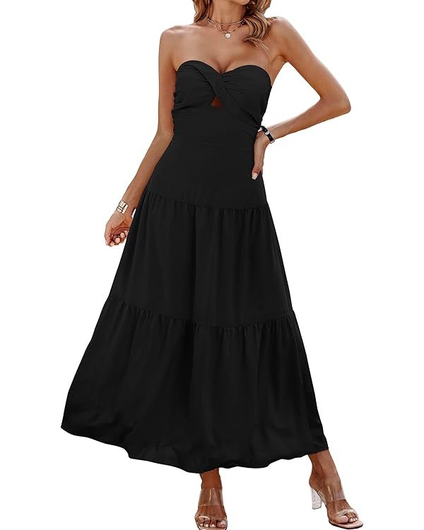 ECOWISH Women's Summer Strapless Maxi Dress 2024 Off Shoulder Hollow Out Smocked A Line Tube Tier... | Amazon (US)