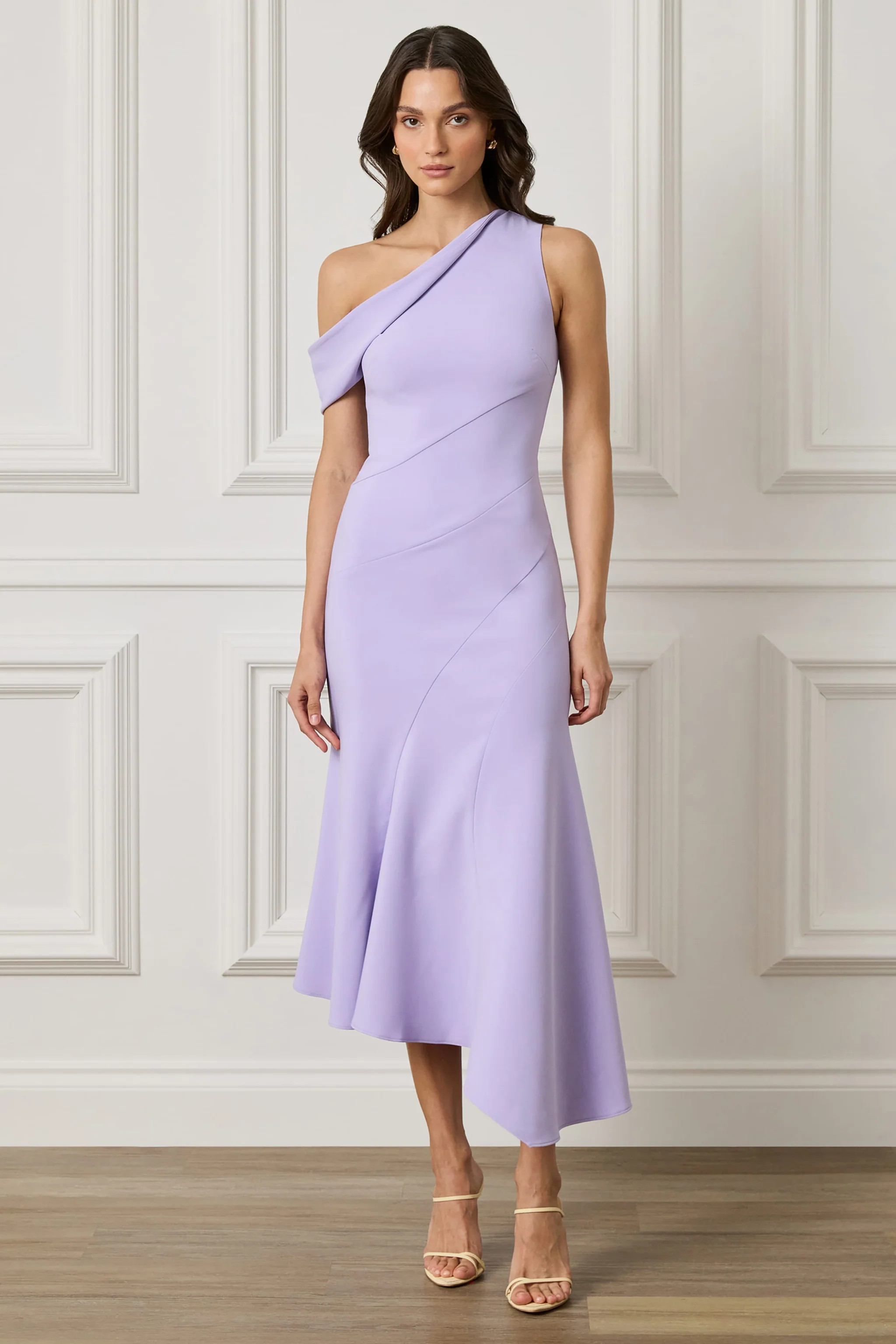 LEANNA One Shoulder Asymmetric Draped Hem Midi Dress In Lilac | Lavish Alice Retail Ltd