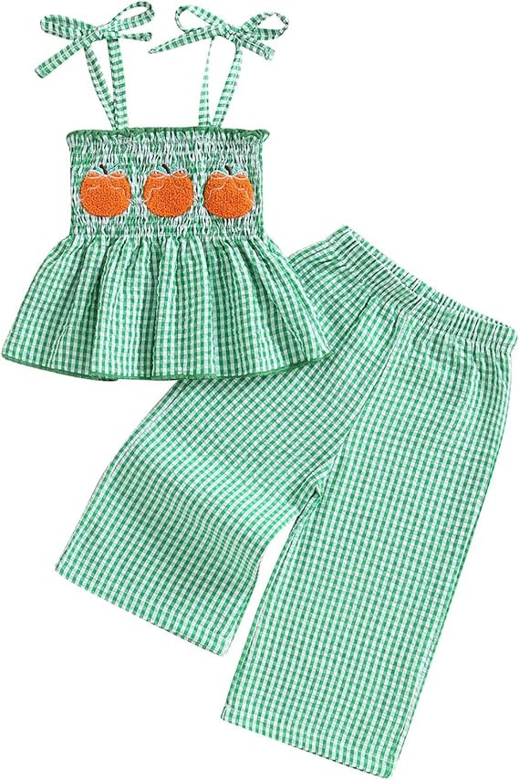 Kayotuas Halloween Toddler Girl Outfits Pumpkin Smocked Spaghetti Strap Tank Top Dress Gingham Pl... | Amazon (US)