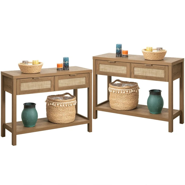 Omni House 2PCS Rattan Console Table with Drawers and Open Storage Shelf,Sofa Table Entryway Tabl... | Walmart (US)