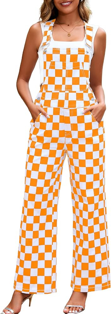 Overalls for Women Loose Fit Jumpsuits Fashion Checkered Straight Leg Pants Stretch Bib Coveralls | Amazon (US)