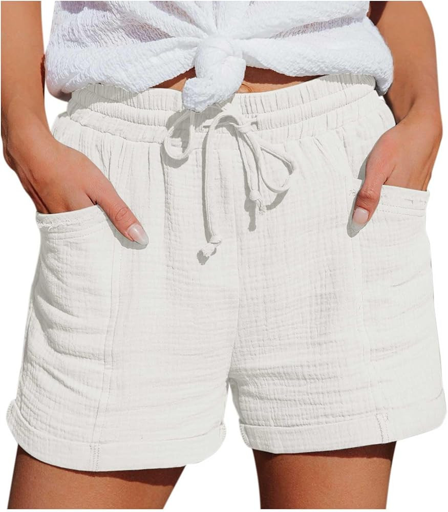 Linen Shorts for Women Summer Casual Shorts Drawstring Elastic Waist Bermuda Straight Shorts with... | Amazon (US)