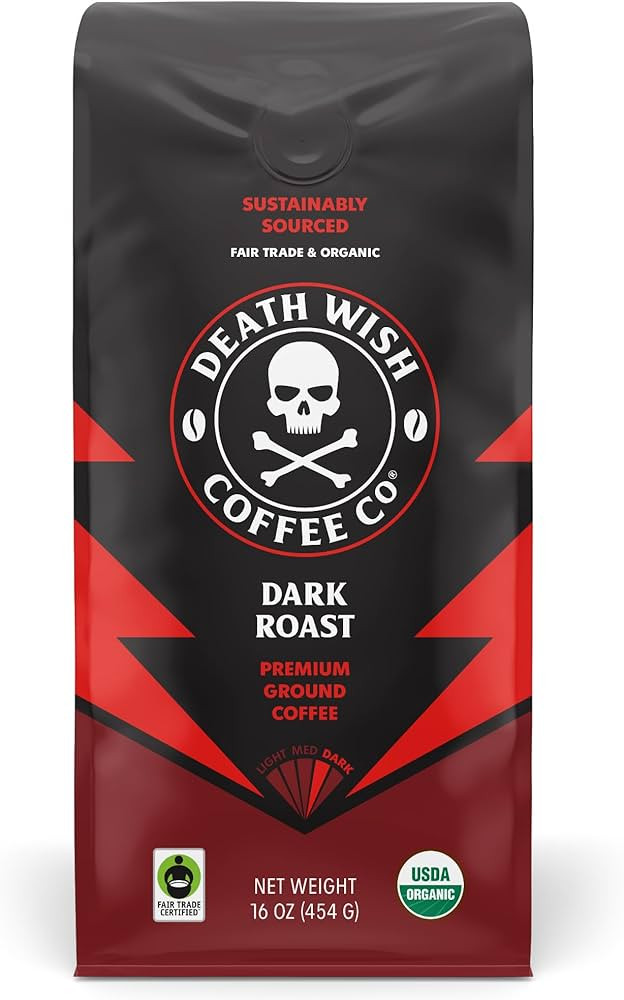 Death Wish Coffee Co., Organic and Fair Trade Dark Roast Ground Coffee, 16 oz | Amazon (US)