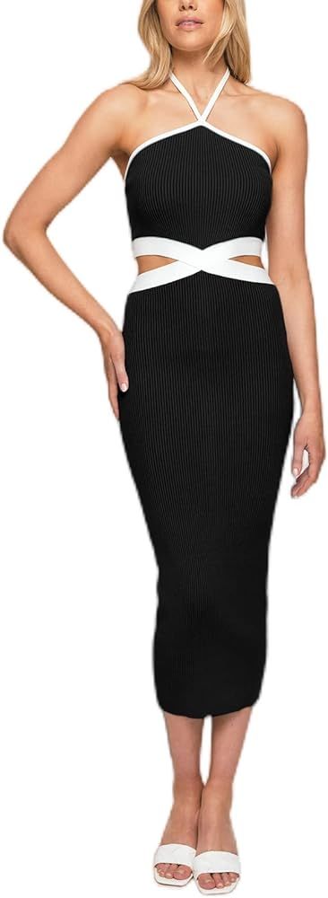 Women's Sexy Halter Neck Cut Out Sleeveless Ribbed Knit Bodycon Midi Dress | Amazon (US)