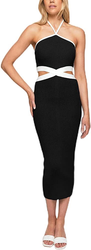 Women's Sexy Halter Neck Cut Out Sleeveless Ribbed Knit Bodycon Midi Dress | Amazon (US)