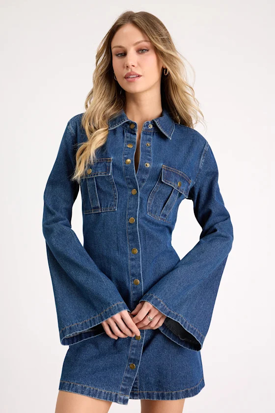 Amita Medium Wash Button-Front Bell Sleeve Mini Dress | Lulus