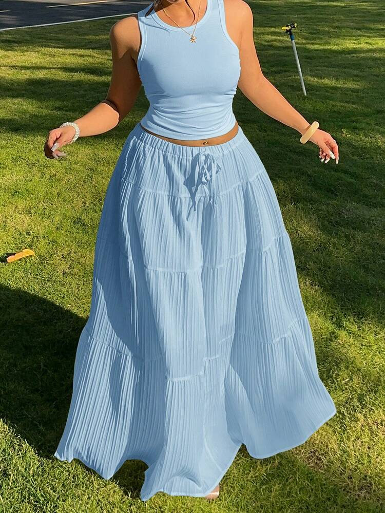 Light Blue Round Neck Tank Top And Midi Skirt 2 Pieces Set, Plus Size | SHEIN
