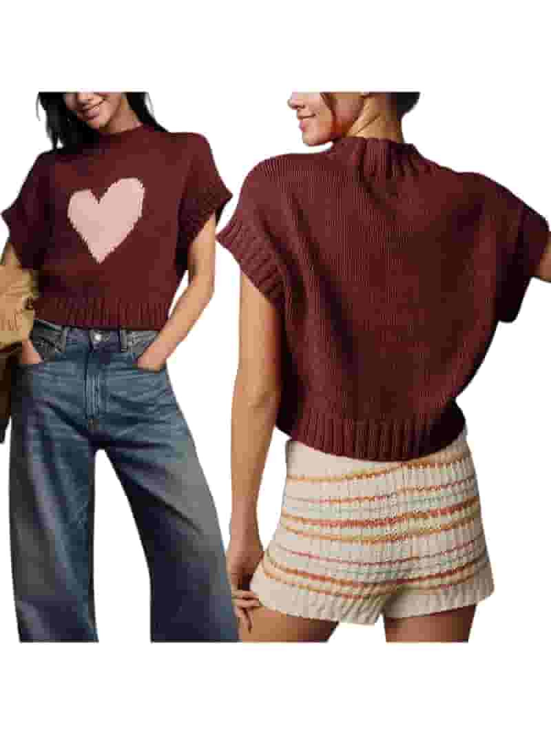 Womens Valentine's Day Short Sleeve Sweater Heart/ Cute Bow Mock Neck Crop Knitted Pullover Tops ... | Walmart (US)