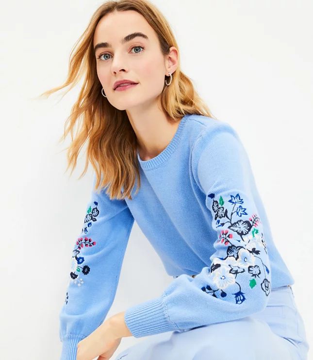 Floral Embroidered Puff Sleeve Sweater | LOFT