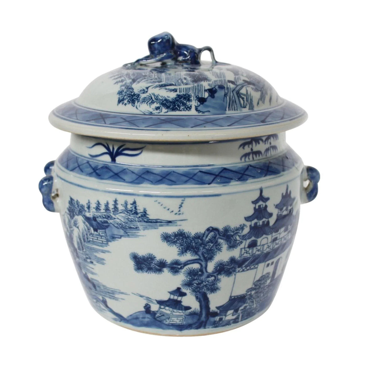 Blue Design Porcelain Lidded Rice Jar With Chinoiserie Landscape Motif | The Well Appointed House, LLC