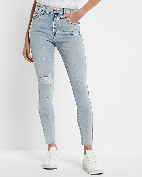 High Rise Light Wash FlexX Ripped Raw Hem Skinny Jeans | Express