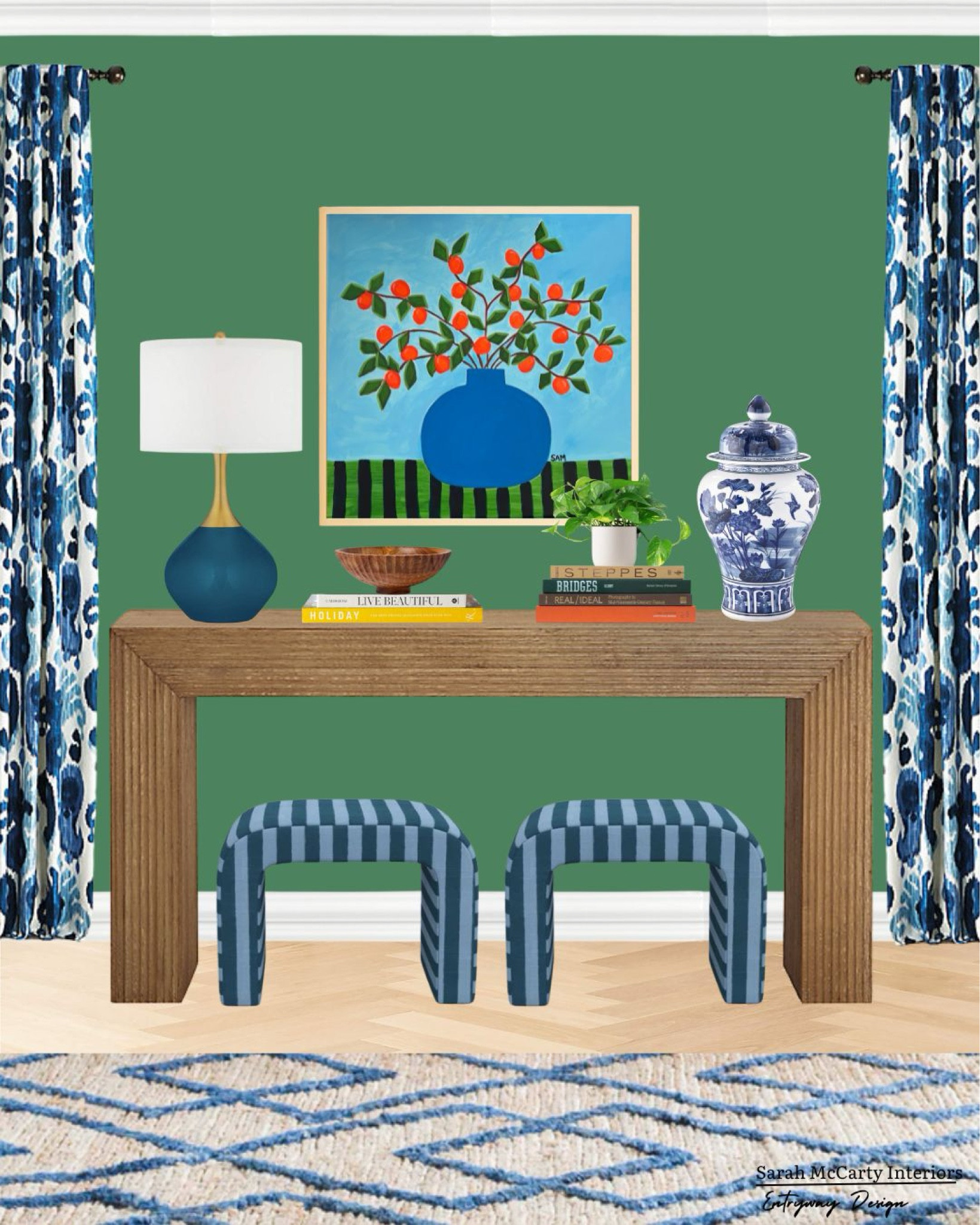 Entryway design 💙💚 Colorful home decor, entryway table, waterfall stools, statement art, stunning curtains, ginger jar, grandmillennial, pattern play, area rug, table decor, console, art by me

#LTKHome #LTKStyleTip