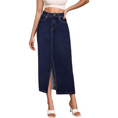 LEVEN SIXTEEN Women's Long Denim Skirt - Stretch Office & Casual Wear Jean Skirt Indigo Indigo Indigo 8 | Target