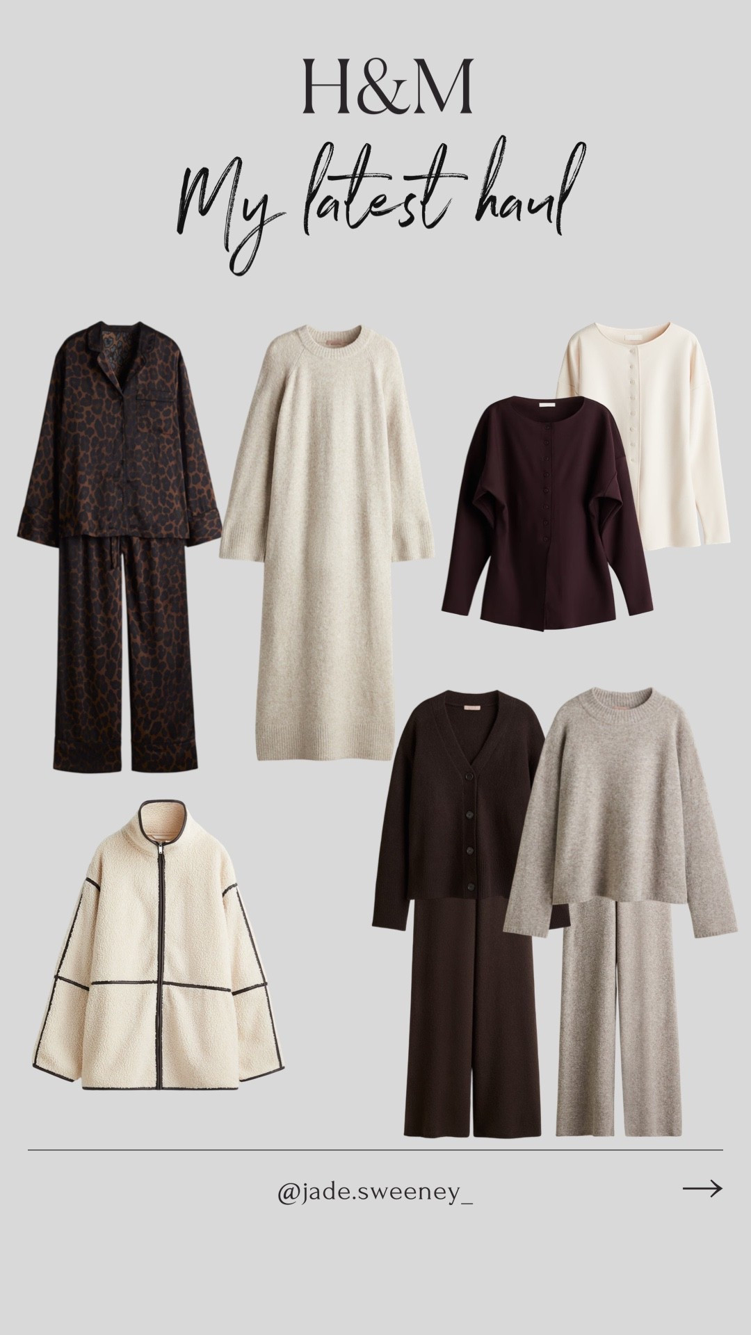 My latest H&M haul giving all the cosy autumn vibes 🍂 ☕️ 

Leopard print pjs, beige knitted jumper dress, chocolate brown peplum top, cream peplum top, Borg teddy jacket, chocolate brown loungewear, oatmeal loungewear 

#LTKautumn #LTKuk #LTKstyletip