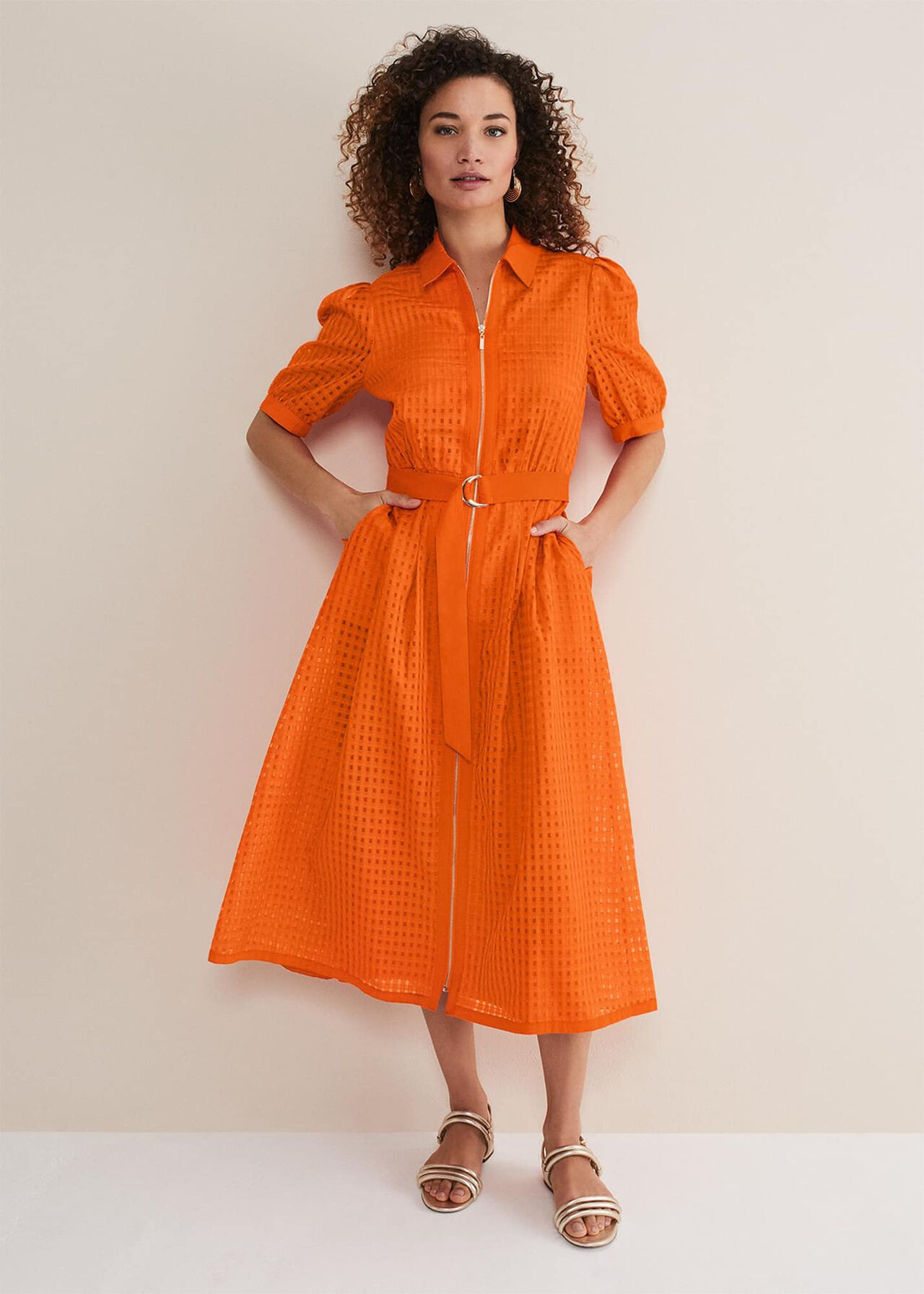 Carey Orange Checked Textured Midi Dress | Phase Eight (UK)