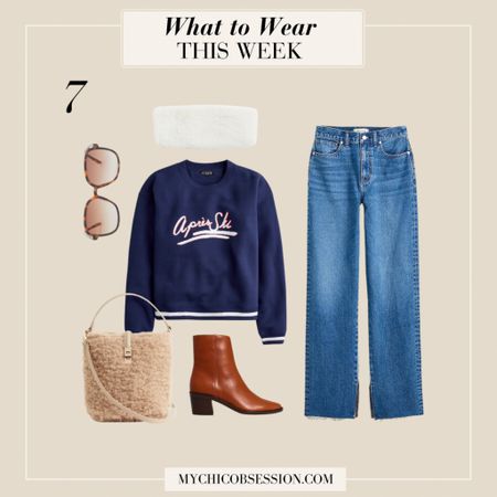 Want to incorporate the apres ski look into your winter outfits? Try this  J.Crew sweater, straight jeans, a faux fur headband, sunglasses, a fuzzy tote, and leather boots to complete the cool and casual look.

#LTKSeasonal #LTKstyletip