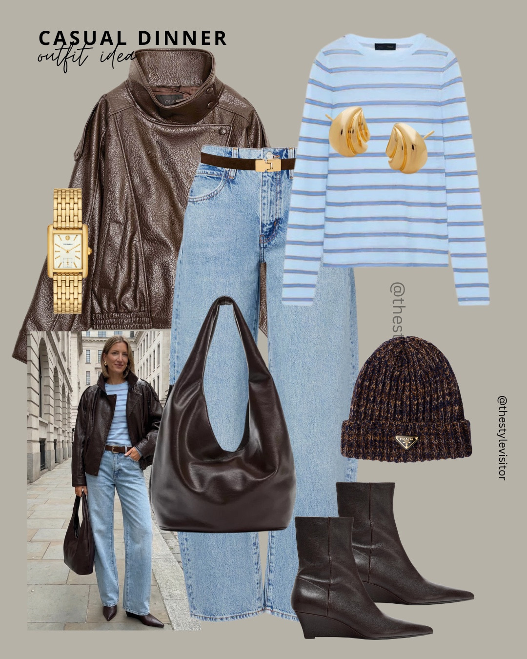 Effortless but polished ✨ this casual dinner look is all about elevated basics: a rich brown leather jacket layered over a striped long sleeve, classic straight-leg jeans and soft brown ankle boots🍷🤎

Like this post to save it to your favourite folder and come back later to shop.

leather jacket, striped top, long sleeve tee, straight leg jeans, blue denim, brown ankle boots, leather handbag, slouchy bag, gold earrings, gold watch, casual chic outfit, everyday style, neutral outfit, minimal style, classic wardrobe, autumn outfit, winter layers, timeless fashion, effortless look, city st

#LTKSeasonal #LTKootd