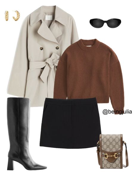 Fall Outfit inspiration - details below:

-Short trench coat in beige from H&M
-Chenille crew sweater in cognac from Abercrombie 
-Black mini skirt from H&M
-Knee high black leather boots from Reformation 
-Gucci horsebit 1955 mini bag
-Celine Triomphe 52mm sunglasses in black acetate 
-Croissant dome hoop earrings from Mejuri


#LTKSeasonal #LTKfindsunder100 #LTKstyletip