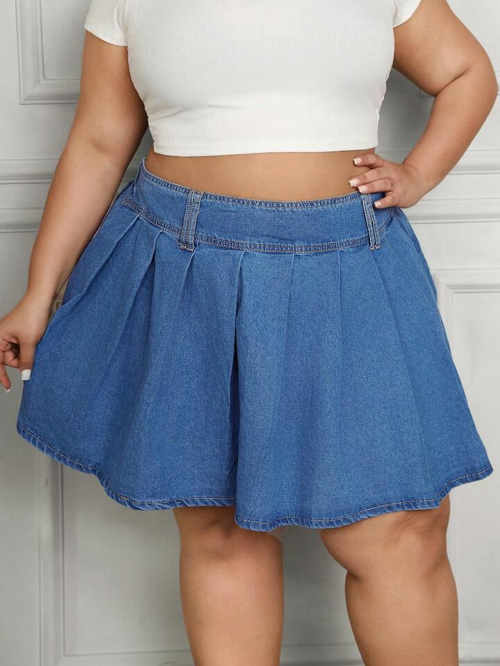 SHEIN CURVE+ Plus Size Elastic Waist Blue Denim Pleated Skirt | SHEIN