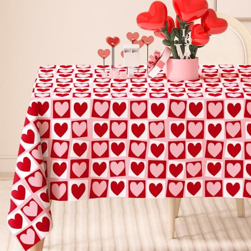 Valentine's Day Rectangle Tablecloth Fabric Table Cloth Red Pink Hearts Plaids Love Heart Table Cover for Wedding Anniversary, 60 x 120 Inch | Amazon (US)