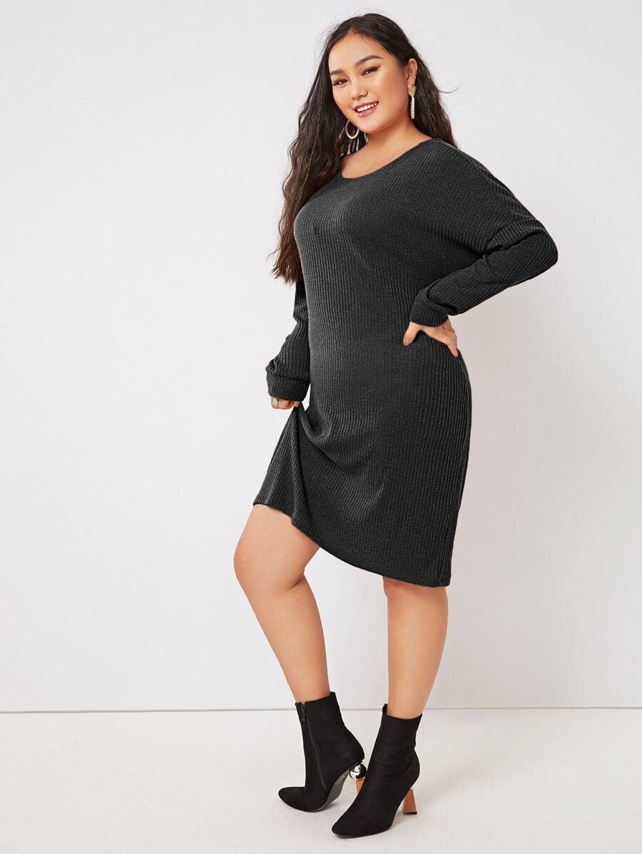 SHEIN Plus Drop Shoulder Twist Back Rib-knit Dress | SHEIN