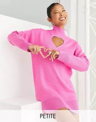 Miss Selfridge Petite diamante heart cut out sweater dress in pink | ASOS | ASOS (Global)