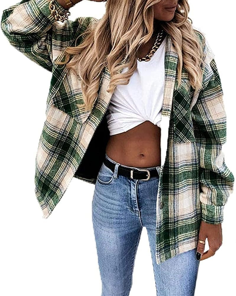Meceku Womens Flannel Plaid Shirts Long Sleeve Button Down Blouses Oversized Casual Shacket with ... | Amazon (US)