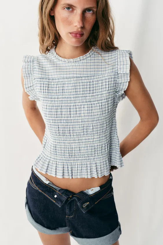 GINGHAM SMOCKED TOP | Zara US