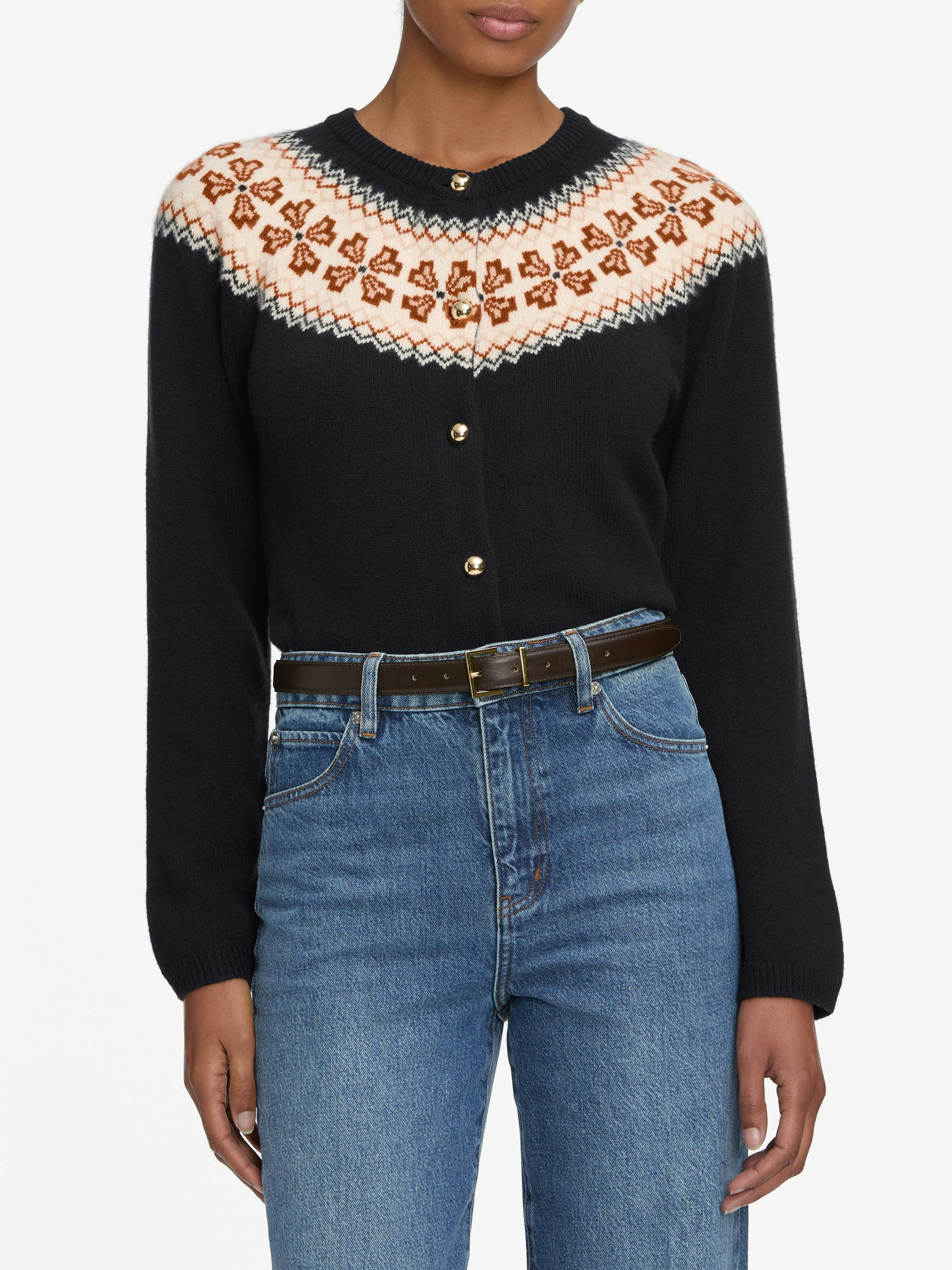 The Cashmere Fairisle Cardi -- Navy | Frame Denim