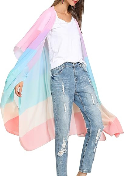Damen-Kimono aus Chiffon, durchsichtig, mit Blumenmuster, langes, lockeres Oberteil | Amazon (DE)