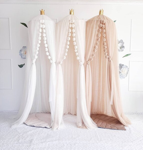 White canopy, beige canopy, crib canopy,  light bed canopy,  Pom Pom canopy +  crown | Etsy (US)
