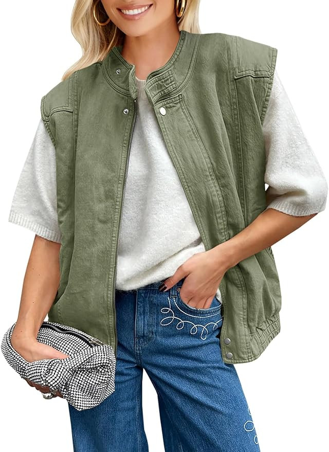 Tankaneo Womens Denim Vest Casual Zip Up Jean Vest Tops Utility Cargo Oversized Sleeveless Jacket | Amazon (US)