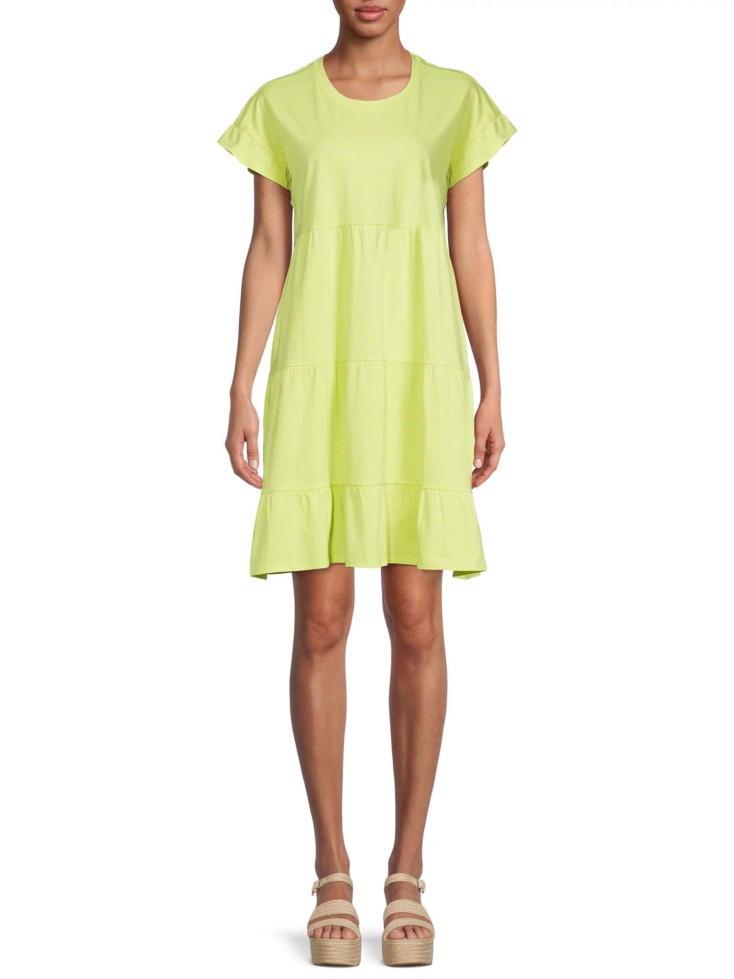 Time and Tru Women's Flutter Sleeve Tiered Dress | Walmart (US)