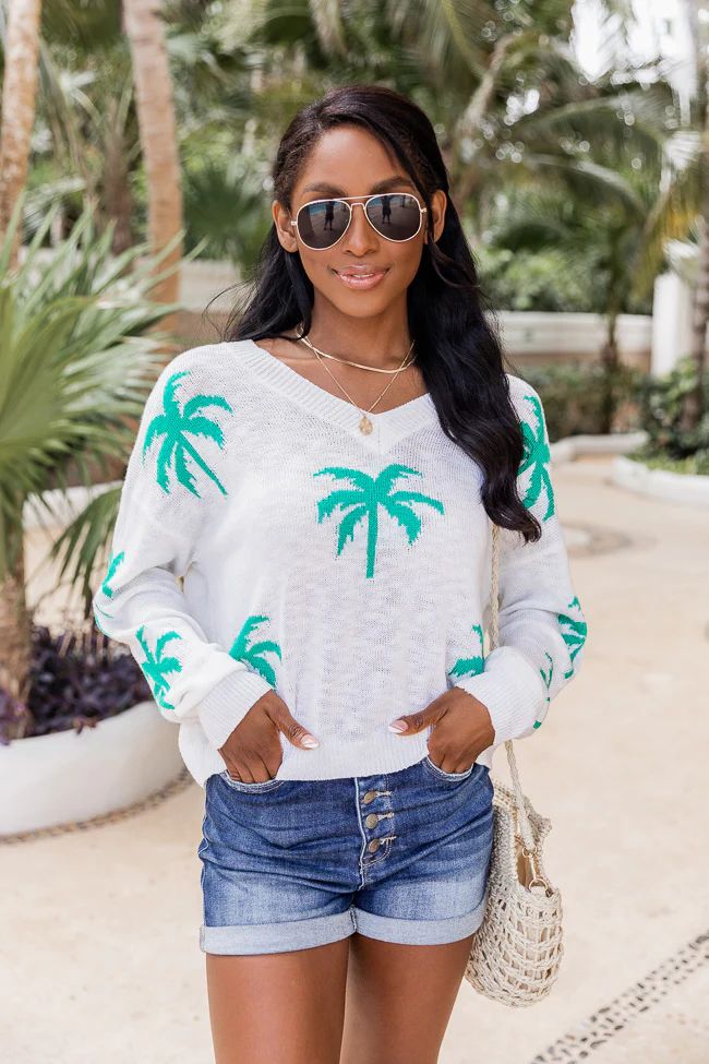 Below The Equator Ivory Palm Print Sweater | The Pink Lily Boutique