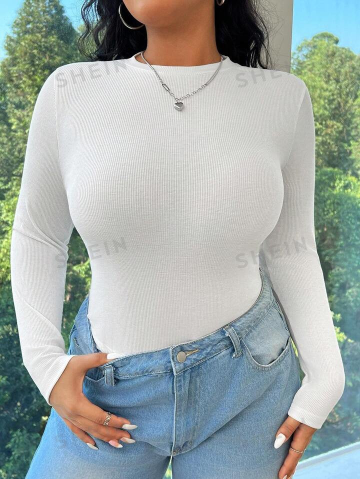 SHEIN EZwear Knitted Long Sleeve Round Neck Plus Size Women's T-Shirt | SHEIN