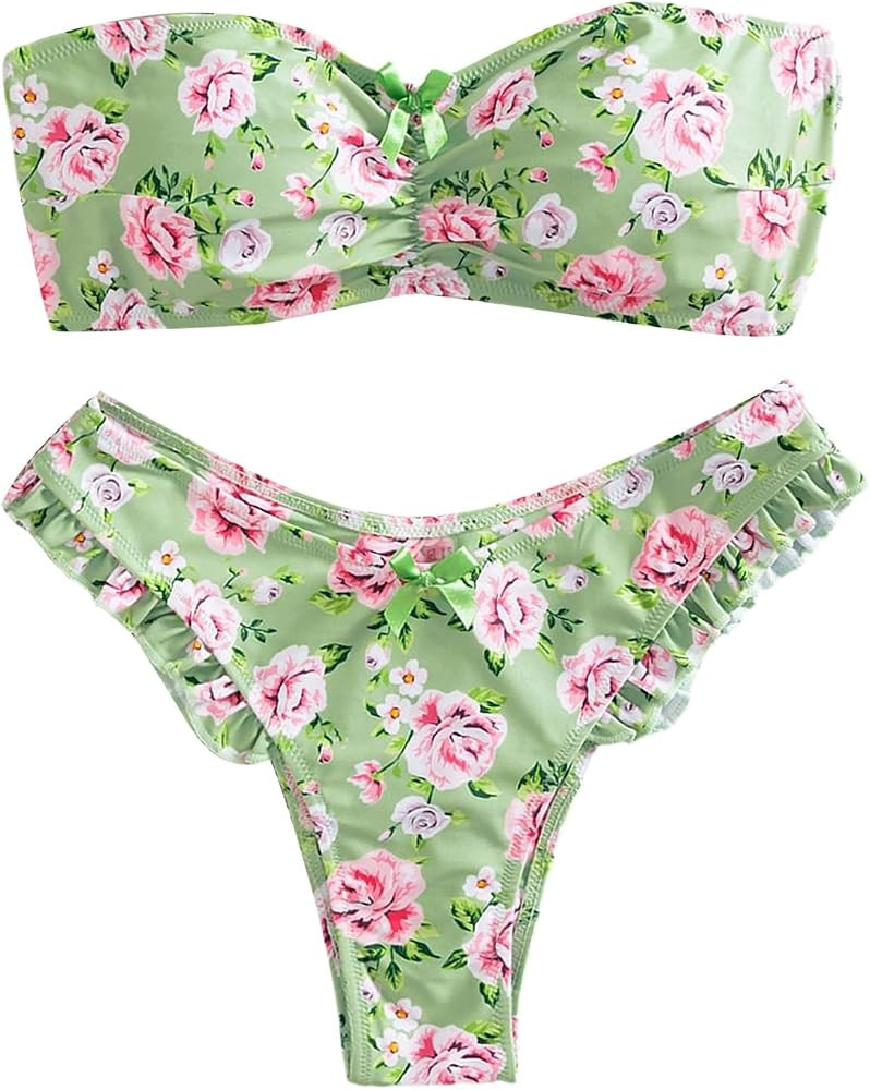 MakeMeChic Women's 2 Piece Bandeau Swimsuit Floral Ruffle Smocked Strapless High Cut Bikini Set B... | Amazon (US)