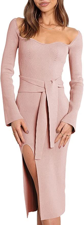 ANRABESS Women's Long Sleeve Sweetheart Neck Tie Waist Slit Side Knit Bodycon Midi Sweater Dress | Amazon (US)