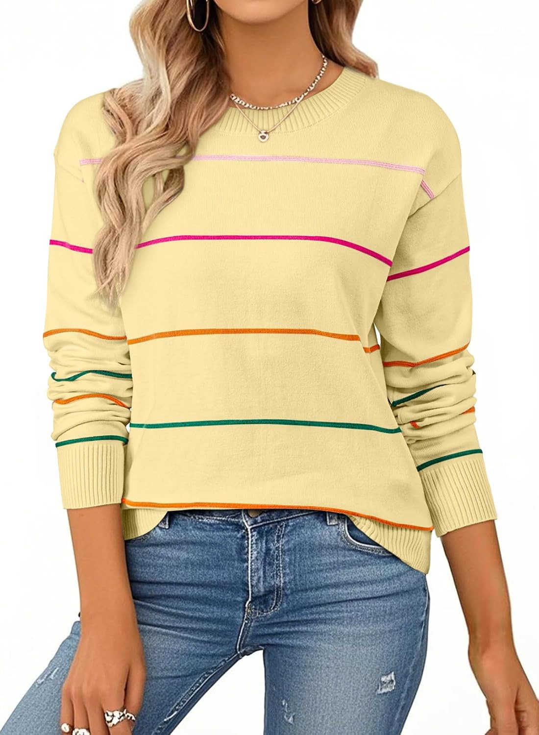 SHEWIN Womens Sweaters Crew Neck Knit Long Sleeve Striped Sweater Fall Outfits for Women 2026 | Amazon (US)