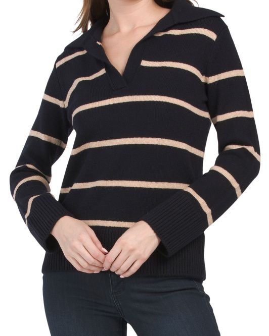 Wool Blend Johny Collar Stripped Easy Sweater | TJ Maxx