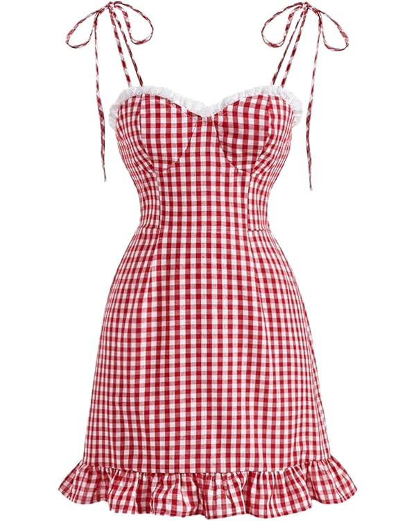 Floerns Women's Gingham Print tie Shoulder Sleeveless Ruffle Hem cami Dress | Amazon (US)