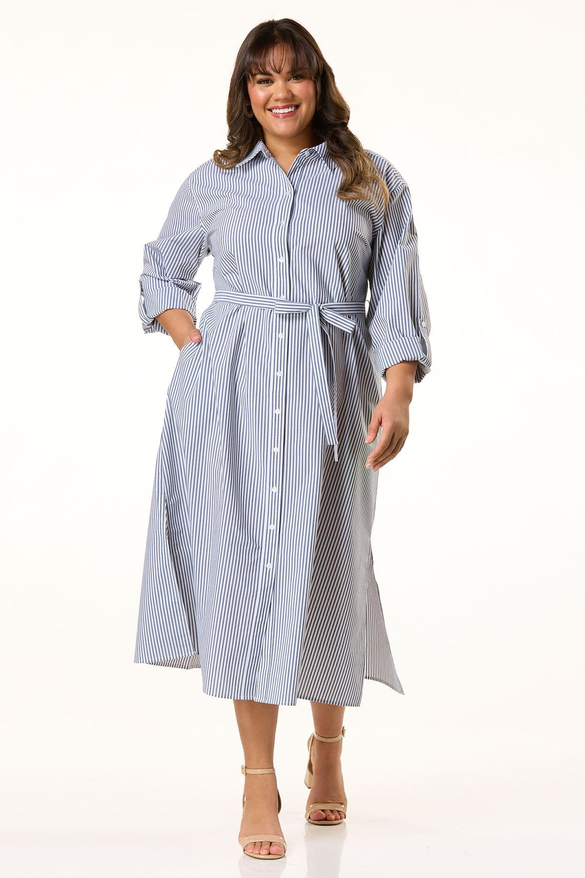 Plus Size Classic Stripe Poplin Shirt Dress | Cato Fashions